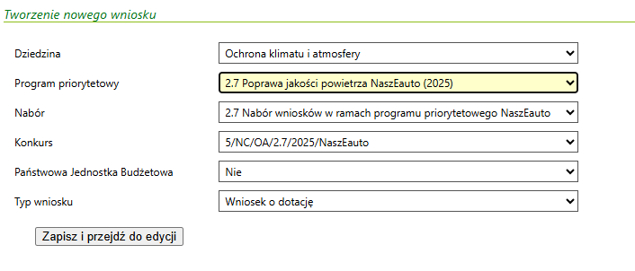 Dofinansowanie w programie NaszEauto tworzenie nowego wniosku
